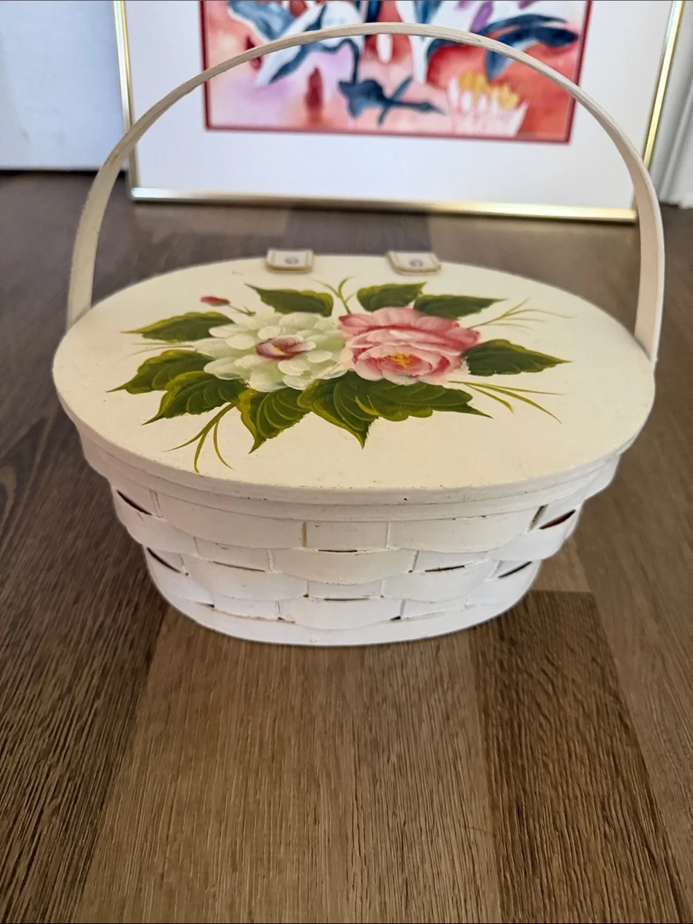 Cottagecore White Floral wooden Wicker Basket purse
